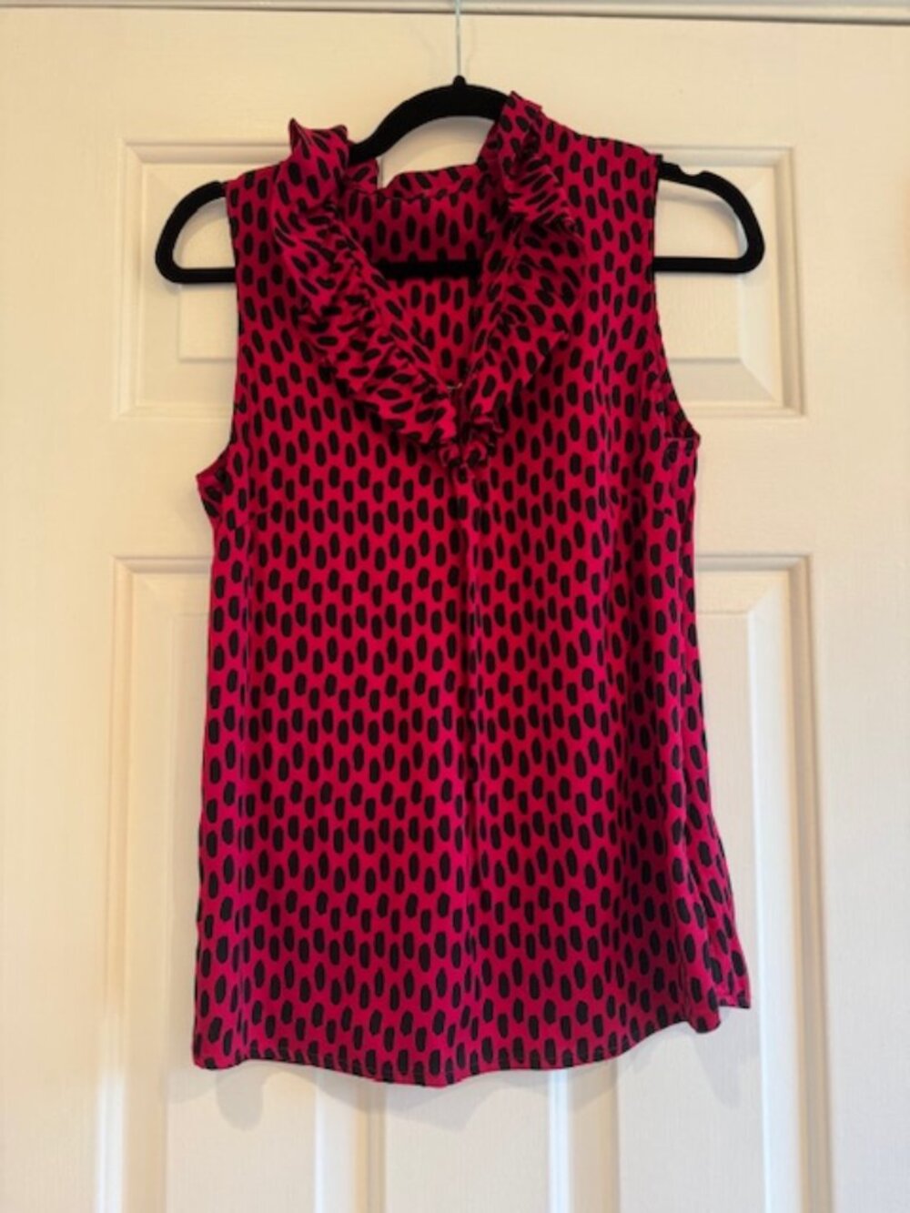 Elizabeth McKay Pink & Black Abstract Brushstroke Ruffle Sleeveless Blouse Sz S